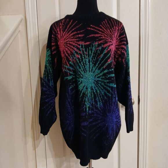 Distinctly Different Sweaters - Vintage 80s black with pink purple & teal metallic firework print sweater 20w